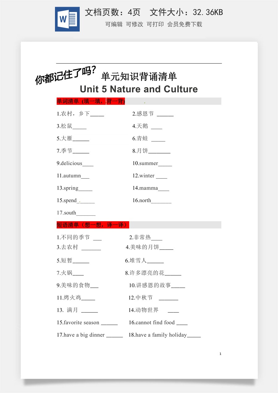 小学英语人教版一年级起点【挖空式】六年级英语下册单元知识背诵清单Unit 5 Nature and Culture人教新起点（含答案）.docx